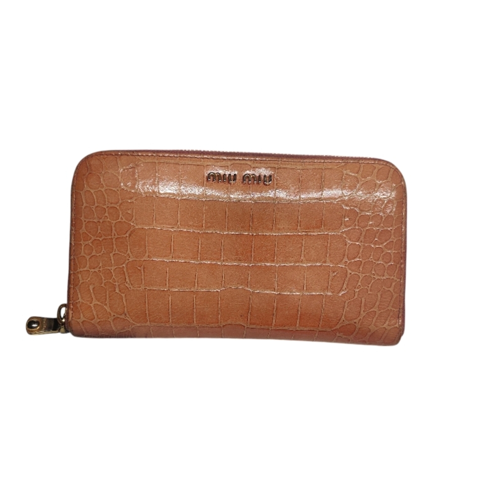 Miu Miu Croc-Embossed Tan Long Zip Around Wallet